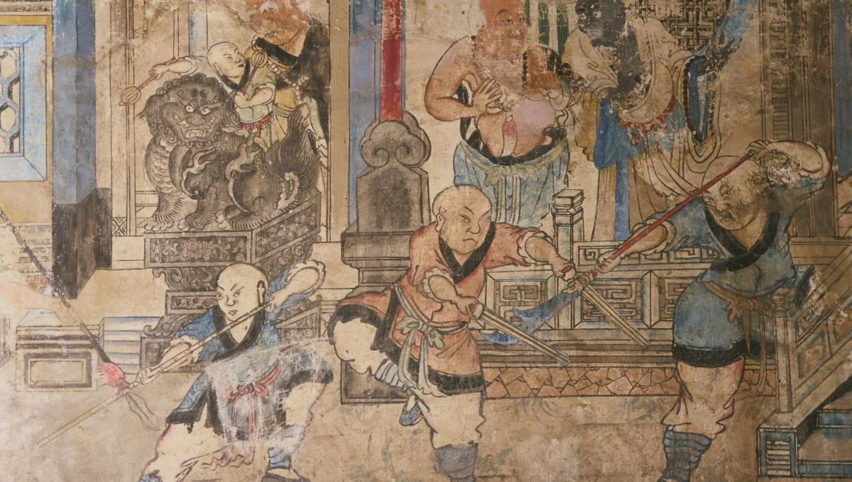 Fresque ancienne illustrant des moines de Shaolin pratiquant le Kung-fu