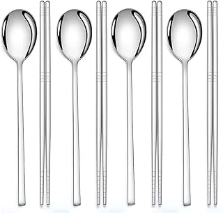 AOOSY Lot de 4 paires de baguettes et 4 cuillères coréennes en acier inoxydable - Réutilisables - Pour la maison, la cuisine ou le restaurant