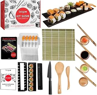 Kit sushi maki complet - Sushi maker - Appareil pour fabrication sushi - Coffret avec natte en bambou, couteau japonais, baguettes, moule à sushi, moule à maki - Idée cadeau homme femme