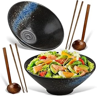2 Ensemble De Bols Ramen En Céramique Avec Baguettes Et Cuillère, 2×1000ml Bol à Soupe Ramen Japonais en Porcelaine, Grandes Saladier, Bol de Nouilles, Bol de Céréales (Bleu-B)