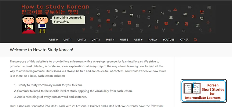 Capture d'écran d'un site web dédié à l'apprentissage de l'alphabet coréen et de la grammaire