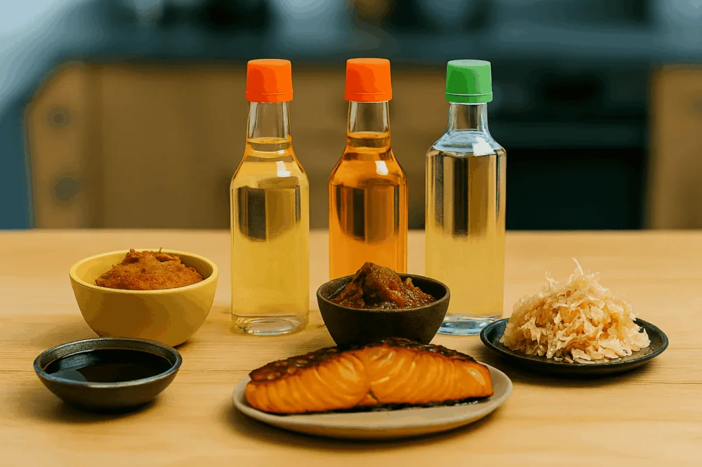Ingrédients essentiels du garde-manger japonais avec sauce soja et miso