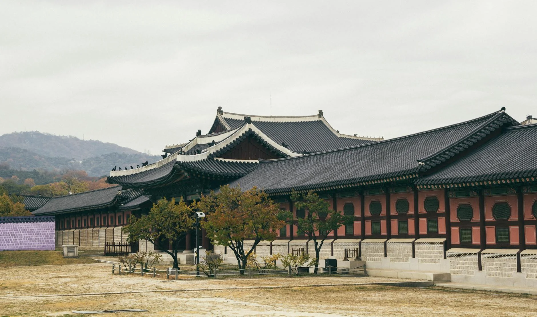 Le palais Gyeongbokgung face aux gratte-ciel modernes de Séoul lors d'un voyage en Corée du Sud.