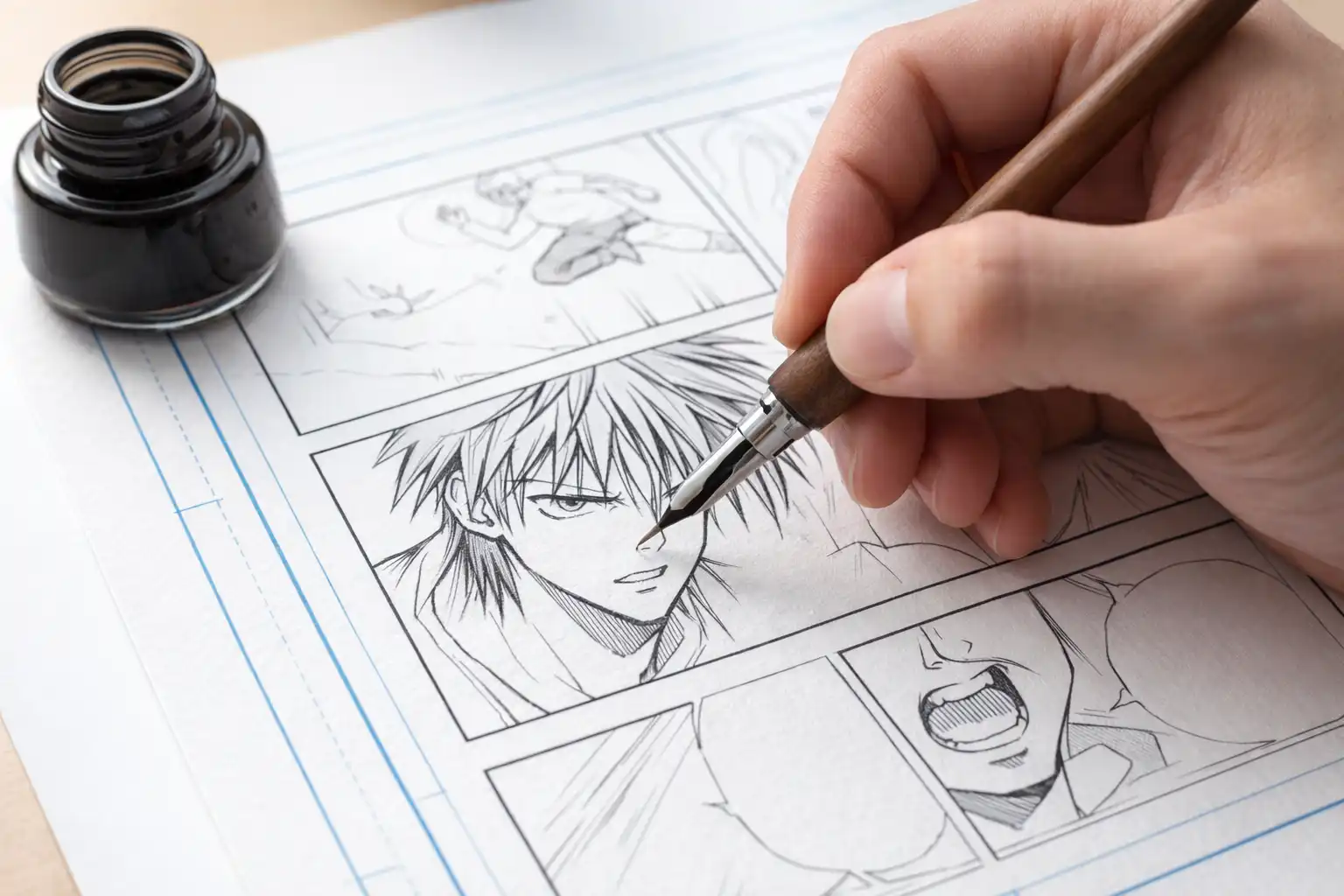 Main d'un artiste dessinant une planche de manga avec une plume et de l'encre