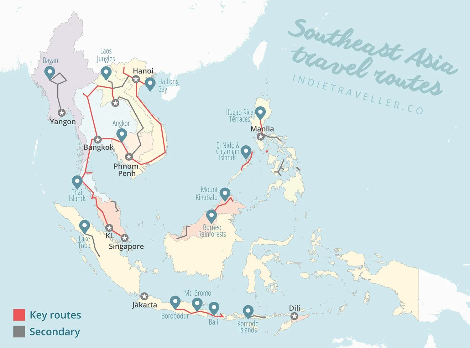 Carte des itinéraires classiques pour backpackers en Asie du Sud-Est