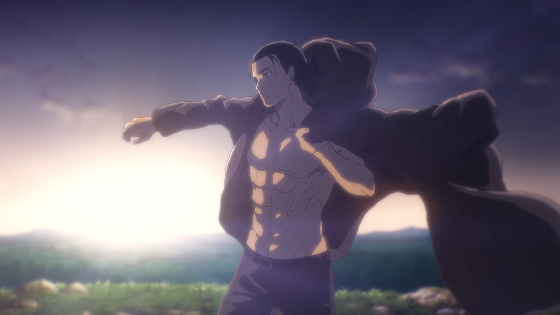 Eren Yeager de l'Attaque des Titans face à un paysage à l'aube