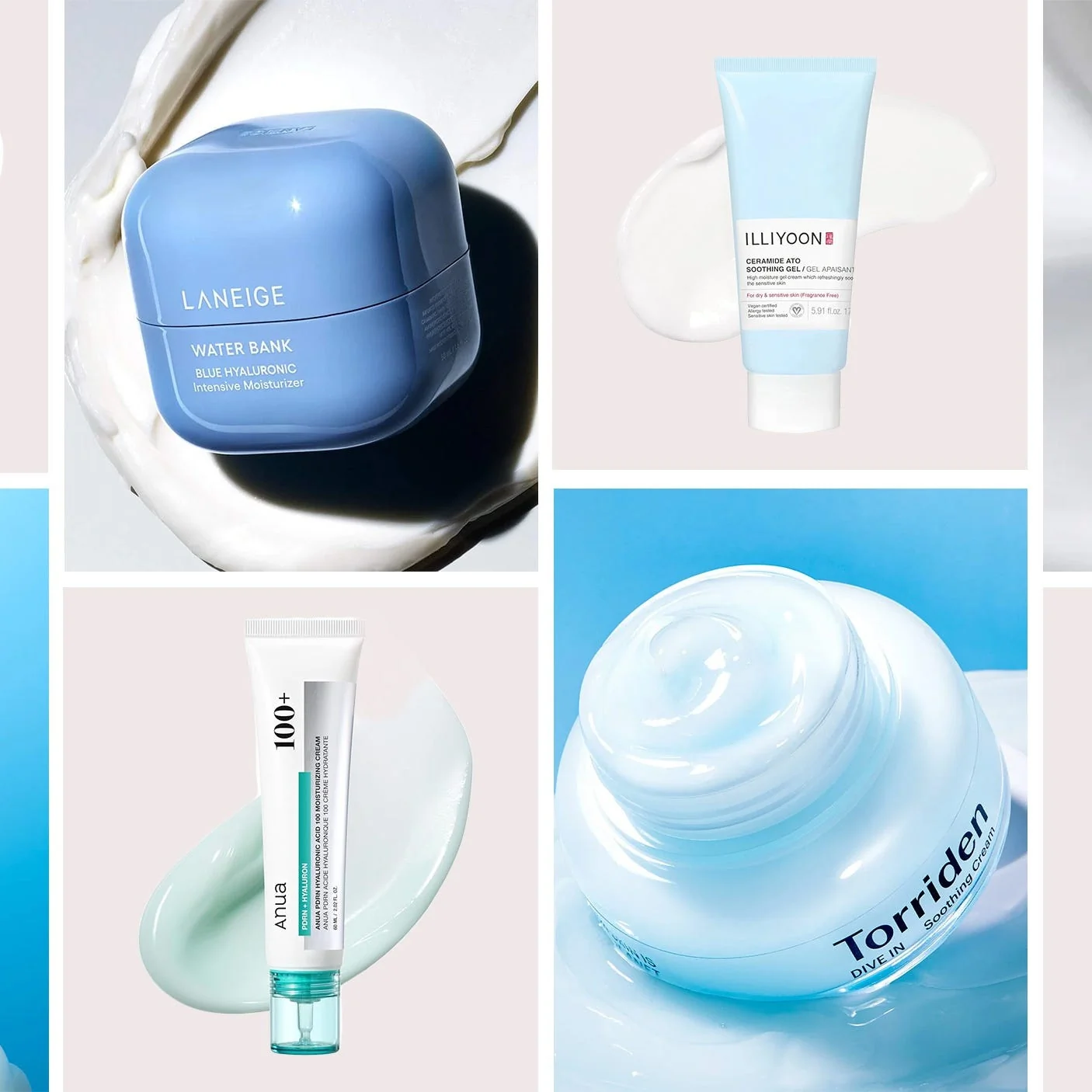 Sélection de crèmes hydratantes coréennes et produits de beauté K-Beauty disposés sur un fond pastel