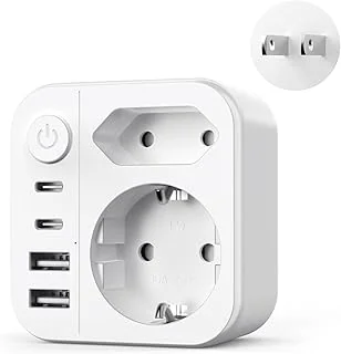 6 en 1 Adaptateur Prise Japon, 2500W Adaptateur de Voyage Japon avec 2 USB C et 2 USB A,Connecteur Schuko vers Type A pour USA, Chine,Canada,Thaïlande