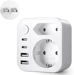 6 en 1 Adaptateur Prise Japon, Adaptateur de Voyage Japon, Connecteur de Voyage France vers Le J-apon avec 2 USB A& 2 USB C, Connecteur Schuko vers Type A pour Les États-Unis, J-apon, Canada