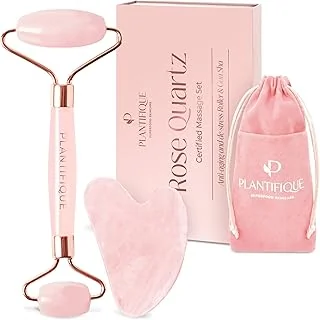 PLANTIFIQUE Rouleau de Quartz Rose et Gua Sha | Massage du Visage avec Guasha et Roller en Pierre Véritable | Idée Cadeau Anti-Âge pour Femme | Masseur pour le Soin du Corps
