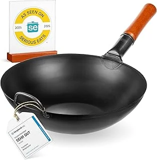 YOSUKATA Woks Et Poêles à Frire 34 cm à Fond Plat Pré-assaisonné Chinois Traditionnel - Wok Acier Carbone Noir Pour Induction, Plaques Électriques, Gaz, Feu Ouvert - Pour Sauté, Barbecue et Camping