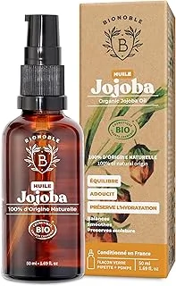 BIONOBLE Huile de Jojoba Bio Pressée à Froid 100% Pure - Équilibre le Sébum, Adoucit, Anti-Acné - Huile Jojoba Cheveux, Visage et Corps - Vegan Oil - Flacon Verre avec Pompe et Pipette - 50ml