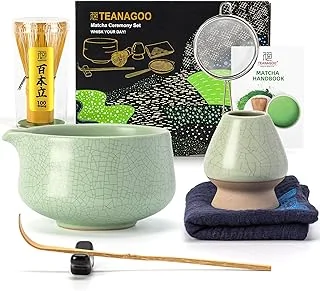 TEANAGOO Matcha Kit 7 pièces Kit à matcha pour cérémonie, service à thé matcha pour le petit-déjeuner/latte, bol matcha vert (chawan) avec bec verseur et fouet, cadeau pour