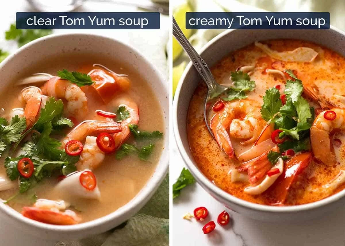 Comparaison visuelle entre le bouillon clair Nam Sai et le bouillon crémeux Nam Khon de la soupe thaïe