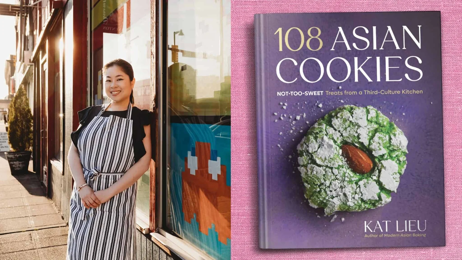 Kat Lieu souriante présentant son livre 108 Asian Cookies avec un cookie vert au matcha sur la couverture