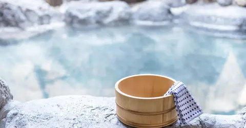 Bain thermal extérieur rotenburo entouré de nature au Japon