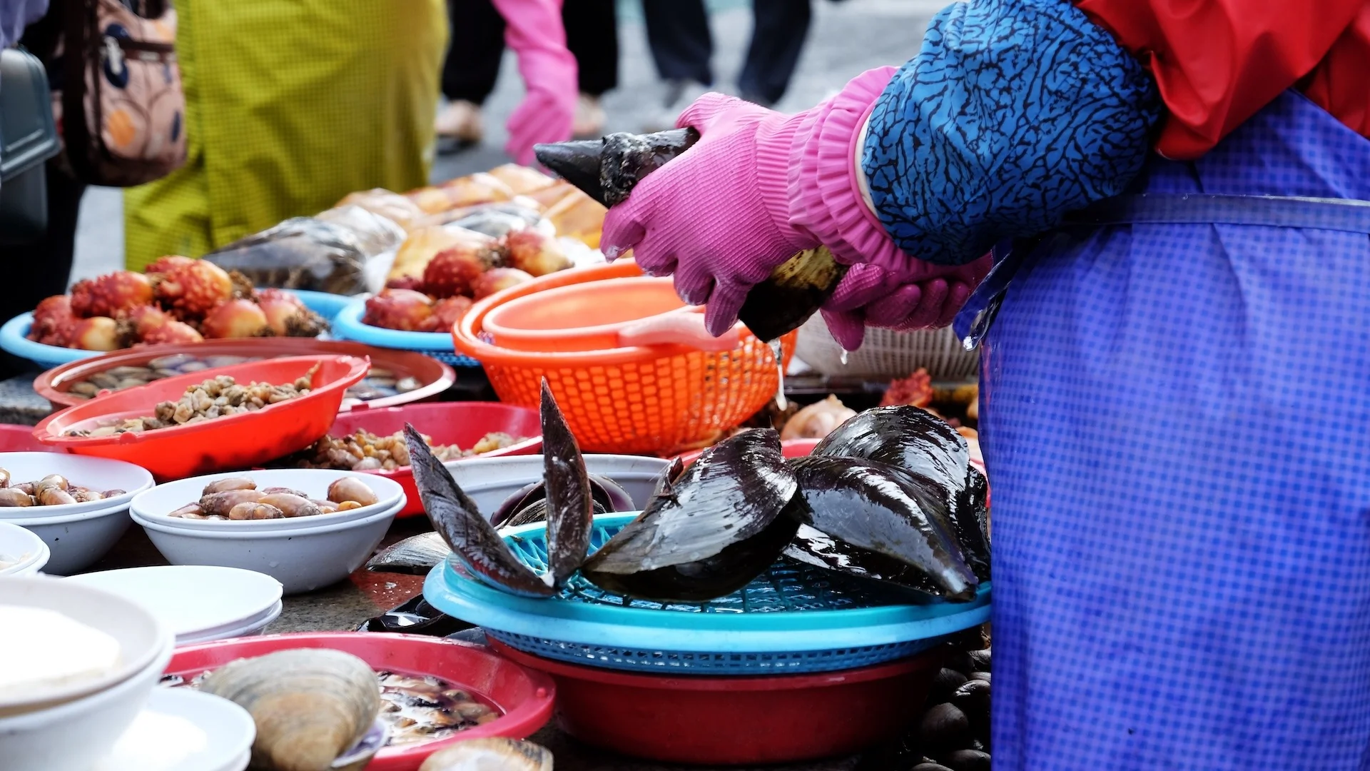 Étalages de poissons frais et fruits de mer au marché de Jagalchi à Busan