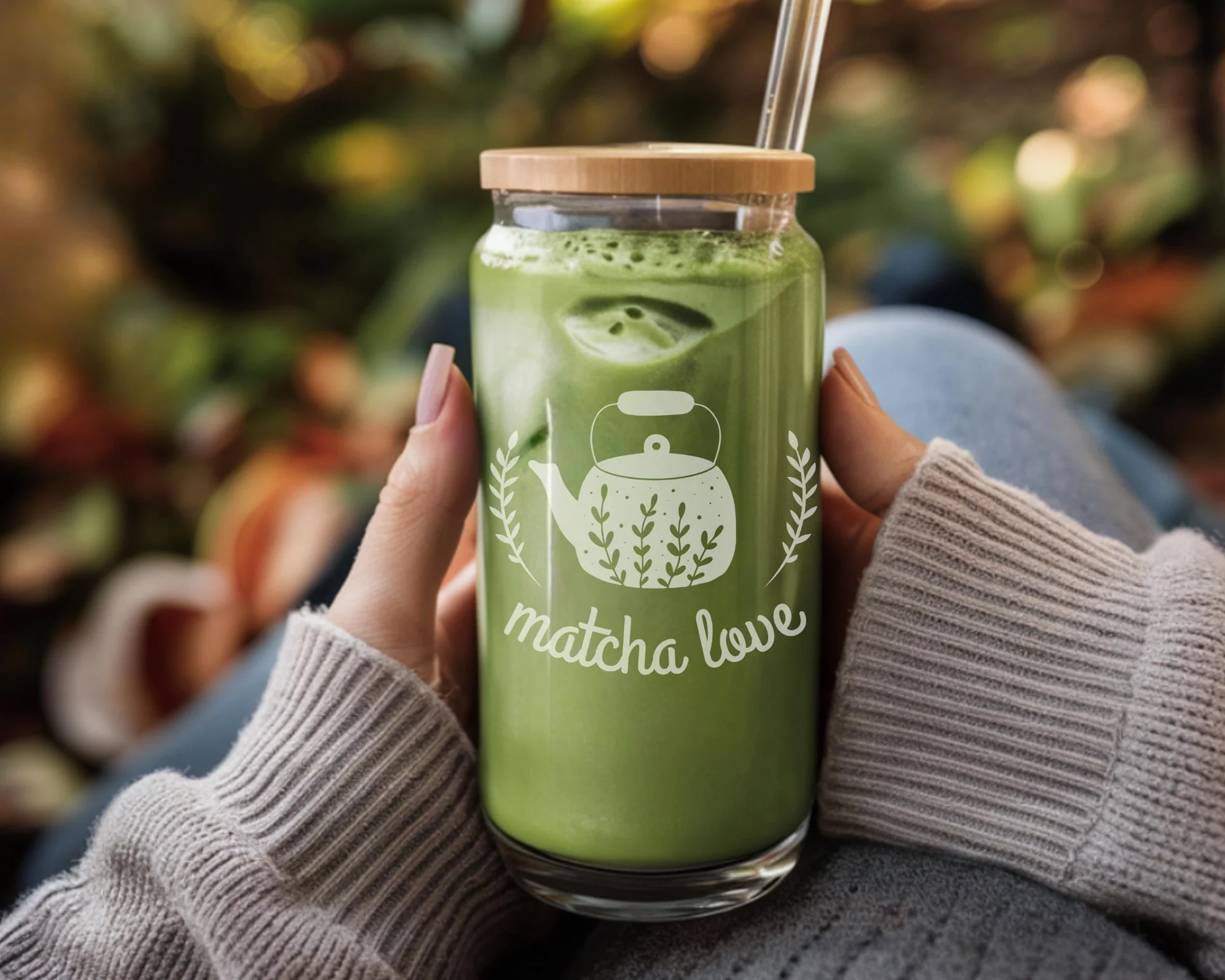 Matcha latte moderne dans un verre transparent dans un café contemporain