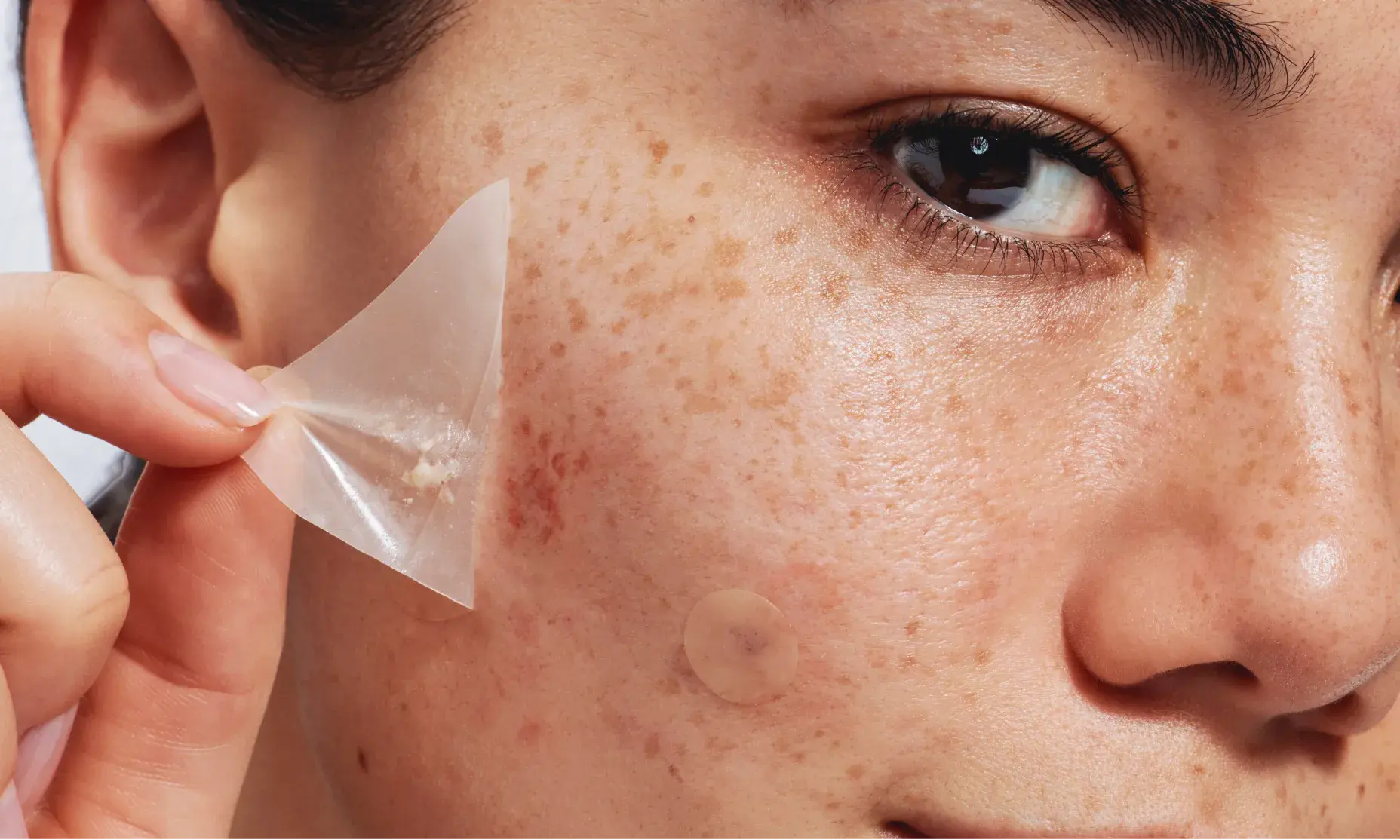 Patchs hydrocolloïdes transparents sur le visage pour traiter l'acné.