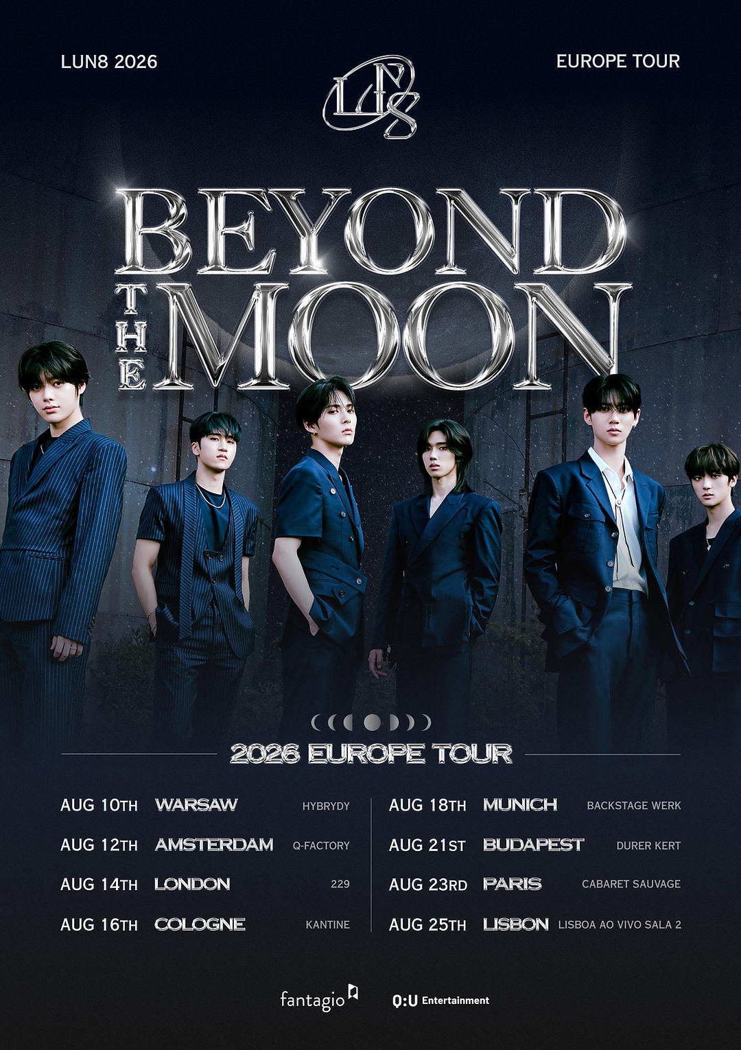 Affiche officielle de la tournée LUN8 EUROPE TOUR: BEYOND THE MOON 2026 avec les villes et dates européennes