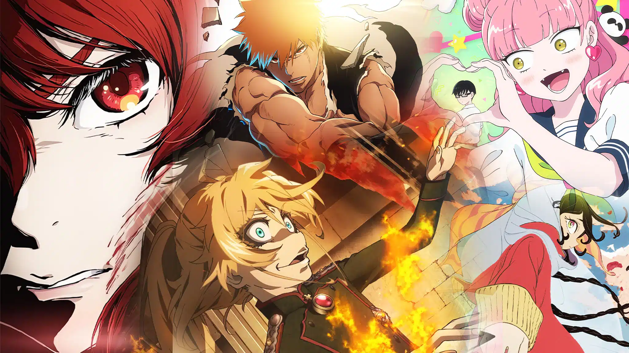 Visuel de l'affiche de présentation de la programmation anime de l'été 2026 (Mushoku Tensei saison 3, BLEACH saison finale, Re:ZERO saison 4, Ghost in the Shell)
